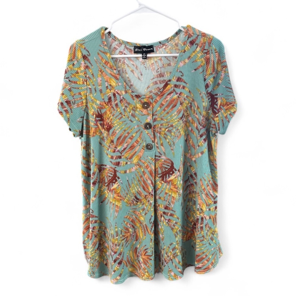 Star Vixen Colorful Short Sleeve Top palm leaf size 2X